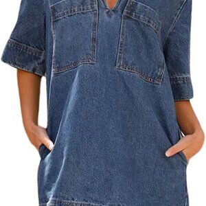 Women's Denim Dress Cotton Polyester V-Neck Pockets Loose Fit Summer Mini